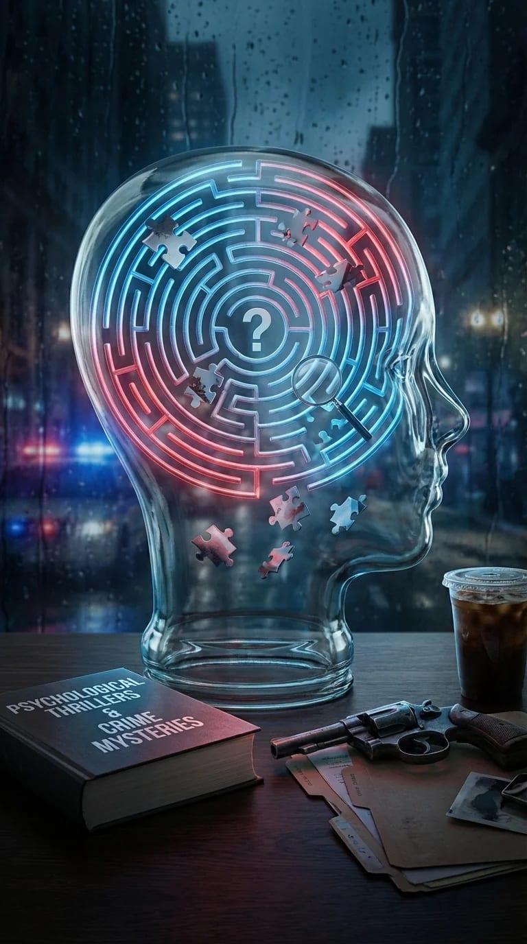 Dark, suspenseful art for the best psychological thriller books for crime & mystery fans.